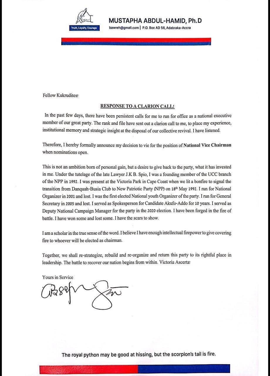 Dr. Mustapha Abdul-Hamid formally announces his bid for NPP National Vice Chairman.