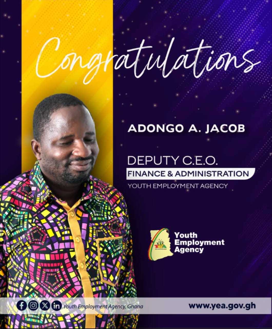 President Mahama appoints Adongo Atule Jacob as YEA Deputy CEO