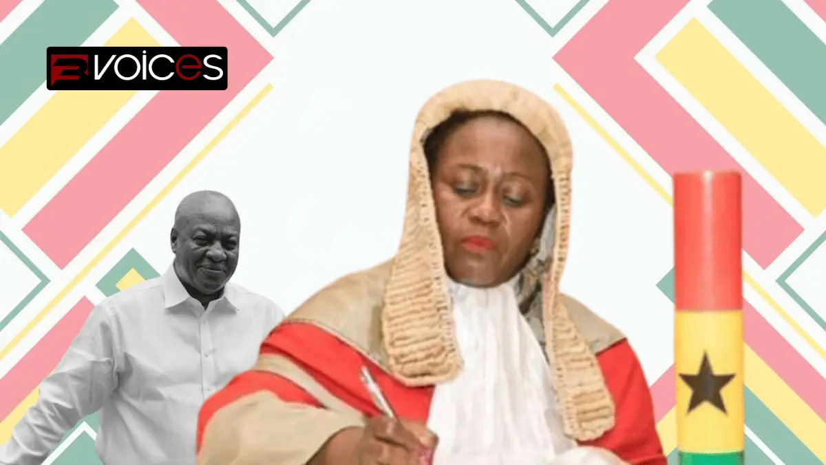 Chief Justice Gertrude Sackey Torkornoo (foreground) and President John Mahama (background). Article 146 proceedings now test constitutional balance between judicial authority and presidential oversight in Ghana's removal petitions.